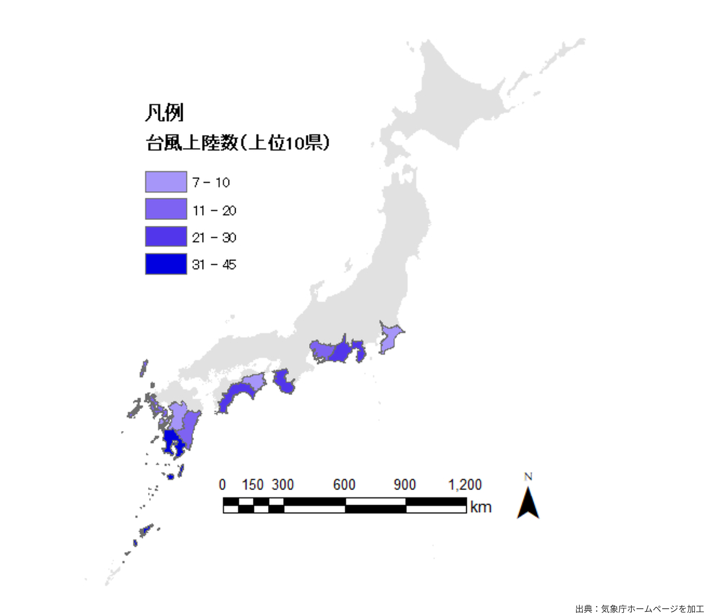 都道府県別台風上陸数